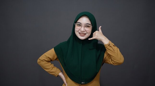 Cheerful young Muslim woman wearing hijab making phone gesture