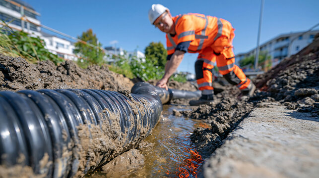 Candid side-profile photograph of a site inspector pacing beside temporary drainage equipment, identifying a kinked section of hose and marking the exact point for repair, crisp detailed foreground 