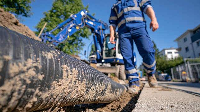 Candid side-profile photograph of a site inspector pacing beside temporary drainage equipment, identifying a kinked section of hose and marking the exact point for repair, crisp detailed foreground 