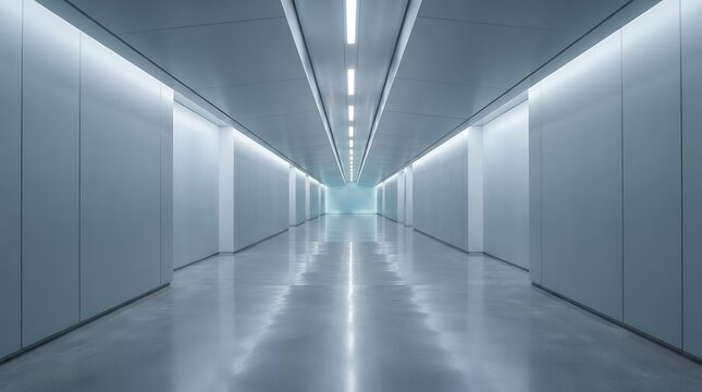 Futuristic white corridor with neon lighting, modern laboratory hallway with clinical aesthetic, symmetrical sci-fi interior architecture