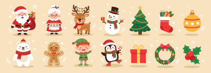 Fototapeta premium Christmas cartoon characters and elements illustrations set. Festive kawaii clipart for Christmas decorations