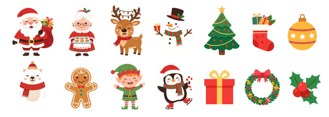 Fototapeta premium Christmas cartoon characters and elements illustrations set. Festive kawaii clipart for Christmas decorations
