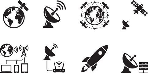 Obraz premium Global Satellite Communication Icons, Space Exploration Rocket, and Network Technology Vector Graphics