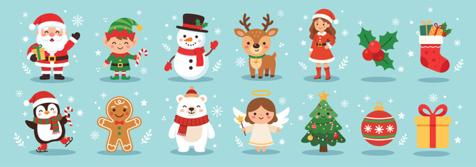 Fototapeta premium Christmas cartoon characters and elements illustrations set. Festive kawaii clipart for Christmas decorations