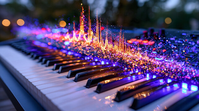macro close-up of piano-style electronic keyboard keys beneath a stream of glowing audio waveforms transforming into multicolored particles, innovative digital music production, creative AI technolo