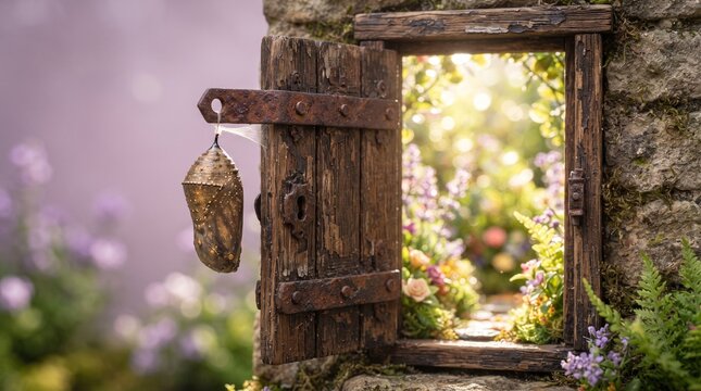 Butterfly Chrysalis Hanging on Rustic Door to Garden