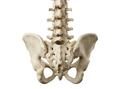 Pelvic bone and lumbar spine skeletal structure isolated on a clean transparent background for medical use