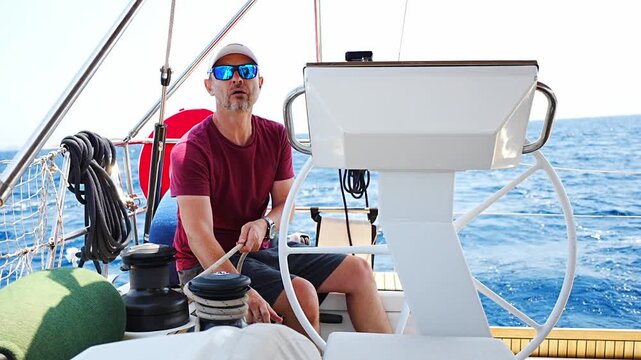 Experienced sailor trimming a sailing line on a modern yacht during an offshore passage. Seamanship, active boat handling, navigation skills and confident cruising under sail.