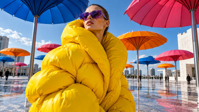 Stylish woman in a bright yellow puffer jacket walking among colorful umbrellas outdoors, ideal for winter fashion, travel, lifestyle and seasonal advertising campaigns.