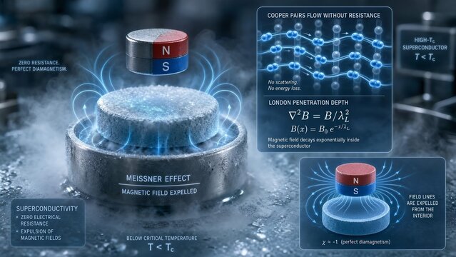 High-temperature superconductor disk levitating a small permanent magnet with a zoomed inset showing cooper pairs flowing without resistance and magnetic flux expulsion, london depth