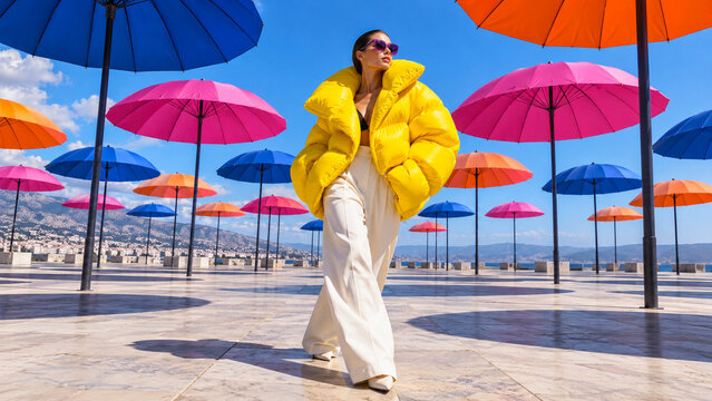 Stylish woman in a bright yellow puffer jacket walking among colorful umbrellas outdoors, ideal for winter fashion, travel, lifestyle and seasonal advertising campaigns.