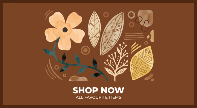 Vintage Floral Shop Now Badge with Botanical Leaves and Flowers
