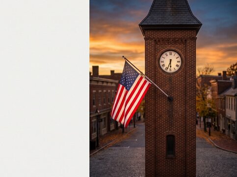 American flag waving on vintage brick clock tower in historic town square at golden hour