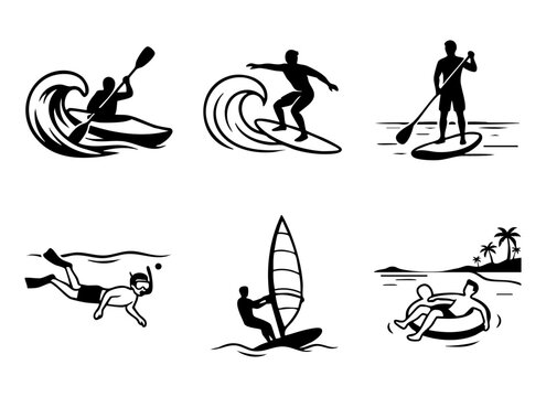 Hand drawn water sports icons set including surfing kayaking paddleboarding snorkeling windsurfing and tubing.