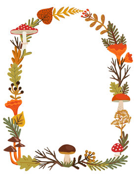 Autumn arch wreath with toadstool, chanterelle and pine foliage circling open white space center. Berries and oak leaves trim border, leaving room for photos or quotes on greeting cards and posters