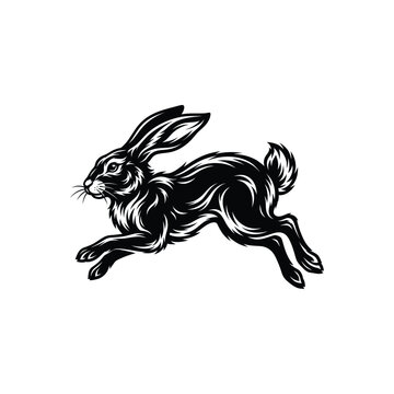 A black and white ink drawing of a wild rabbit running quickly across the countryside land