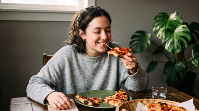A joyful young woman happily biting into a slice of warm pepperoni pizza, savoring the gooey melted cheese pull while dining at a rustic wooden table indoors beside a lush green plant.