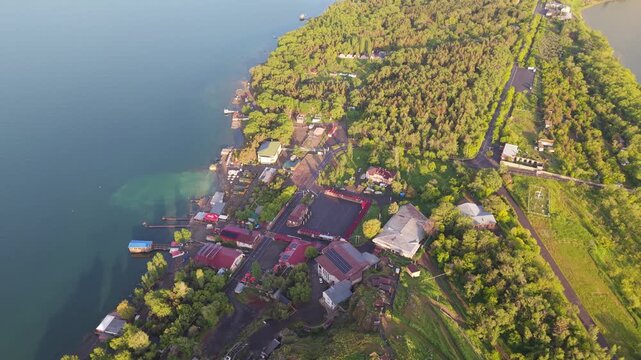 Aerial view of Lake Sevan shoreline in Sevan, Armenia.