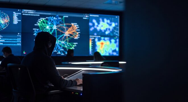Silhouette of hacker working on laptop in dark room with large screen showing network data visualization and code