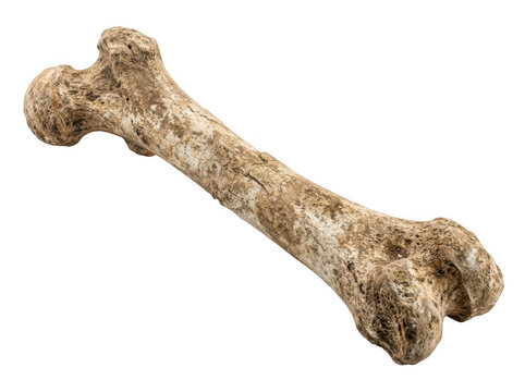 Ancient human femur bone fossilized specimen isolated on transparent background