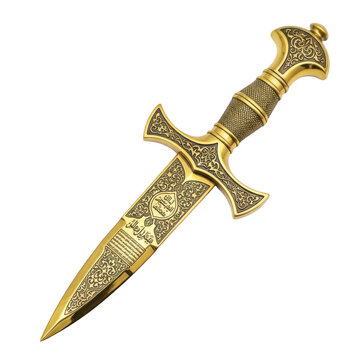 A gold dagger with an ornate handle and crossguard