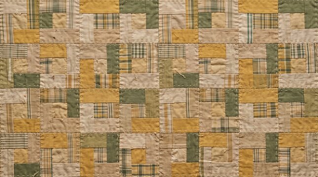 Vintage mustard and olive patchwork quilt texture featuring muted mustard yellow, olive green, beige, and cream fabric pieces. Realistic woven cotton and linen textures with visible stitching and subt
