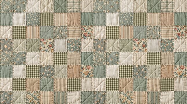 Vintage sage green patchwork quilt pattern featuring coordinated fabric squares in sage green, cream, beige, and muted earthy tones. Realistic woven cotton texture with visible stitching and subtle ha