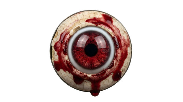 Close-up of a grotesque eyeball with blood and gore effects isolated.
