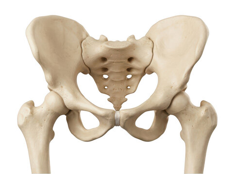 Human pelvis with upper femur bones anatomical model isolated on transparent background