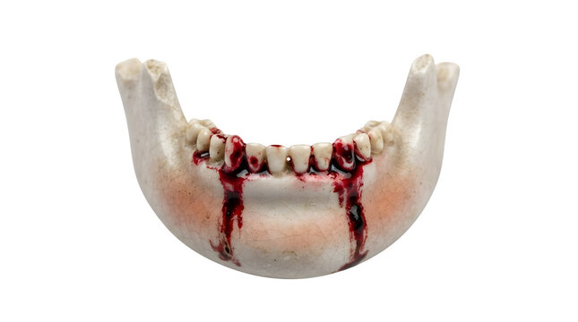 3D model of human lower jawbone with exposed dental nerve damage.
