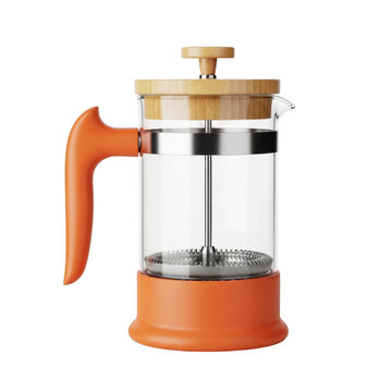 A glass and orange french press coffee maker