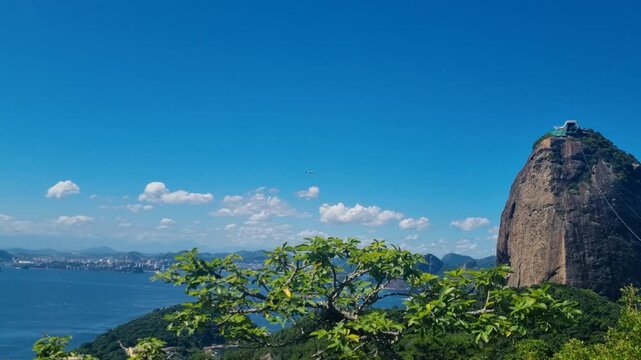 Panoramic view of Sugarloaf Mountain (P&atilde;o de A&ccedil;&uacute;car) and its cable car rising above lush tropical vegetation in Rio de Janeiro, Brazil, beneath a clear blue sky