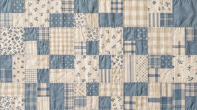Earthy neutral vintage patchwork quilt background featuring muted beige, taupe, warm cream, dusty brown, olive, and clay tones. Realistic cotton and linen fabric textures with subtle stitching and nat