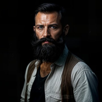 Handsome bearded man and fashion model with a serious expression, styled handlebar mustache and dark hair, photographed against a black studio background with generous copy space for advertising use.