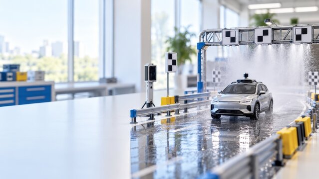 Transportation Safety and Infrastructure, High-Tech Vehicle Testing in Wet Weather with Advanced Sensor Technology in Controlled Environment