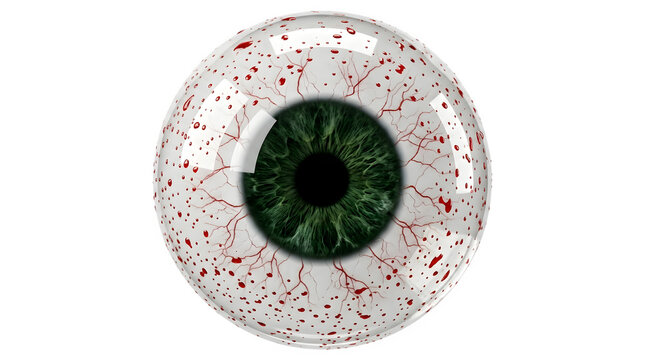 Close-up of a human eye with red speckles and transparent background.