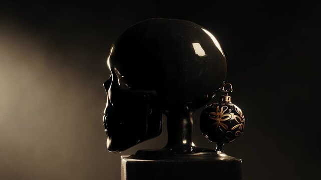 Dark Skull Sculpture on Pedestal with Dramatic Lighting.