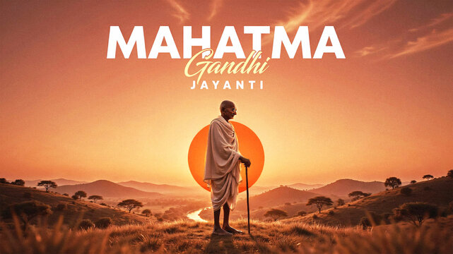 Mahatma gandhi jayanti celebration banner featuring a silhouette of gandhi standing in a peaceful landscape during a golden sunset, symbolizing peace, nonviolence, and indian heritage