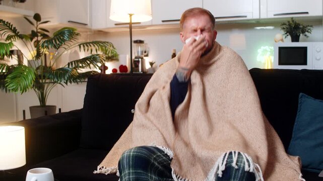 Man at night home wrapped in blanket uses tissue sneezes wipes snot into napkin feels cold suffering from allergy flu symptoms quarantine. Caucasian guy on sofa rests recovery. Coronavirus pandemic