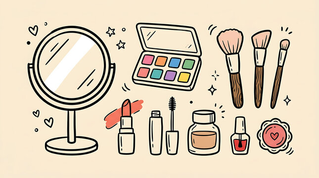 Beauty vanity mirror with makeup brushes and cosmetic products on table