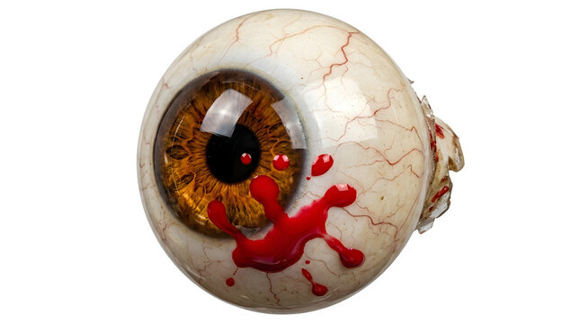 Creepy eyeball with blood and red figure illustration on white background.