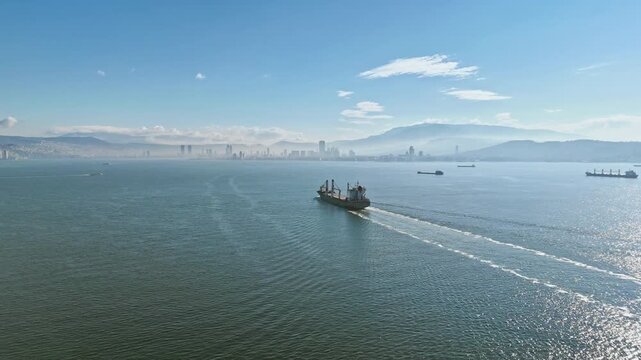 Bulk carrier underway in coastal waters with city skyline and other vessels in distance. Maritime shipping, international trade and cargo logistics