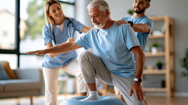 Elderly man practicing balance on a wobble cushion with therapist supervision, fall prevention, proprioception training, senior rehabilitation, mobility improvement, geriatric
