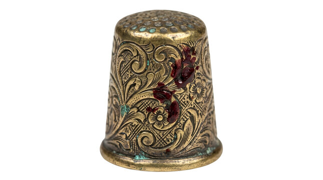 Antique ornate thimble with floral and vine design isolated on transparent background.