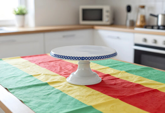 Baking and food presentation, empty ceramic cake stand on a colorful tablecloth in a home kitchen for culinary preparation and party planning