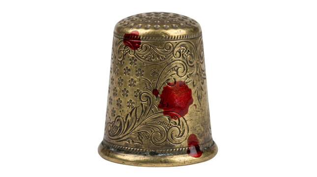 Vintage gold thimble with red floral embroidery isolated on transparent background.