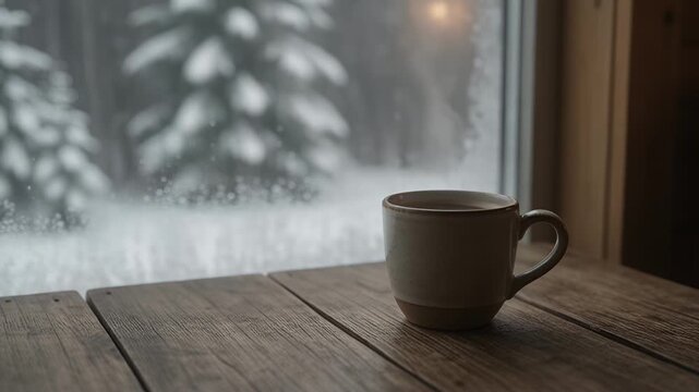 Lifestyle - Cozy winter morning scene with a warm cup of coffee on a rustic wooden table by the frosty window overlooking a snowy forest landscape
