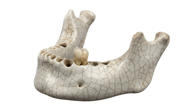 Isolated 3D model of a human mandible bone with transparent background.