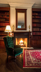 Fototapeta premium A cozy, vintage library interior with a green velvet armchair, glowing fireplace, and bookshelves, evoking warmth and intellectual comfort. Nobdy present in this serene, classic study setting.