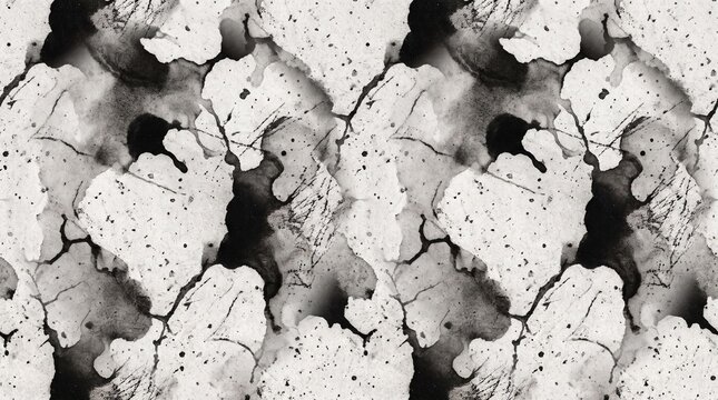 Seamless abstract black ink grunge texture featuring organic pigment dispersion, subtle ink pooling, dry-brush marks, translucent gray layers, and irregular speckled particles. Perfect for editorial l